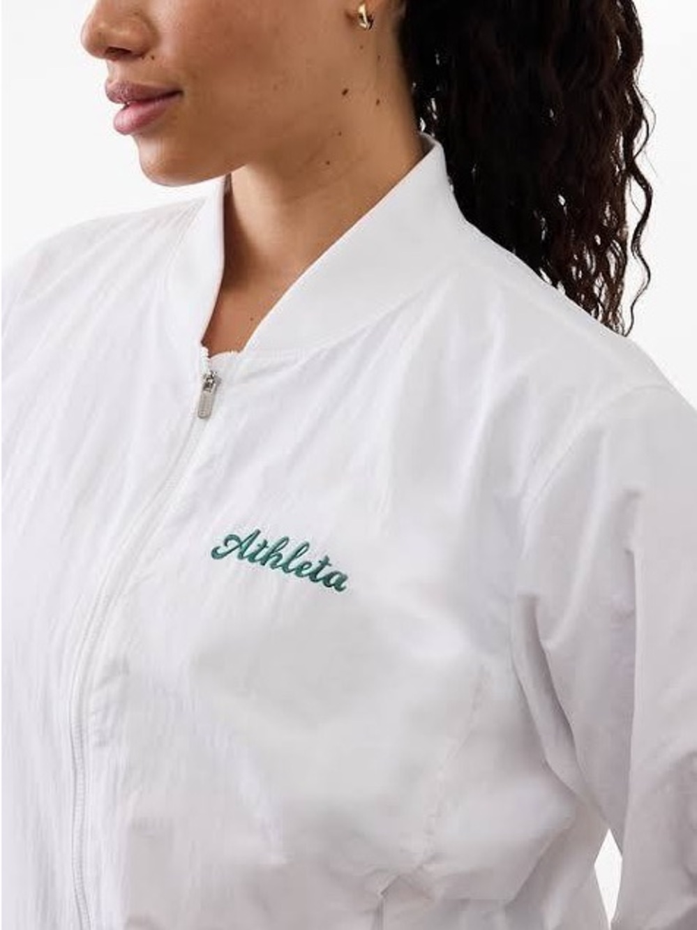 Athleta Crosscourt Bomber White Zip Jacket with Embroidered Logo